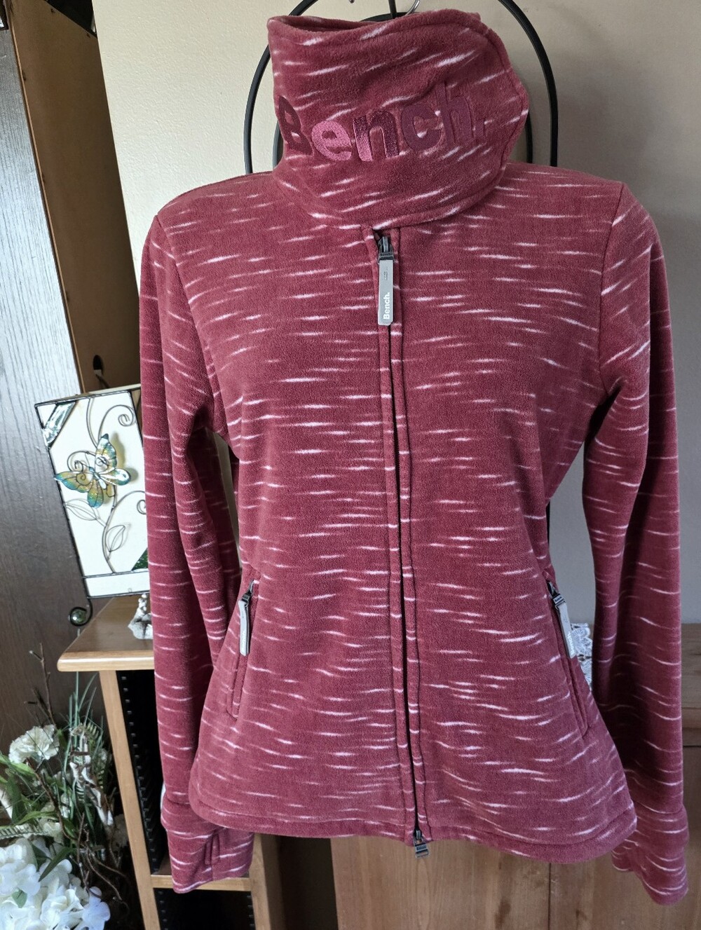 🆕️Bench Women’s Marled Copper Red Funnel Neck Embroidered Fleece Jacket